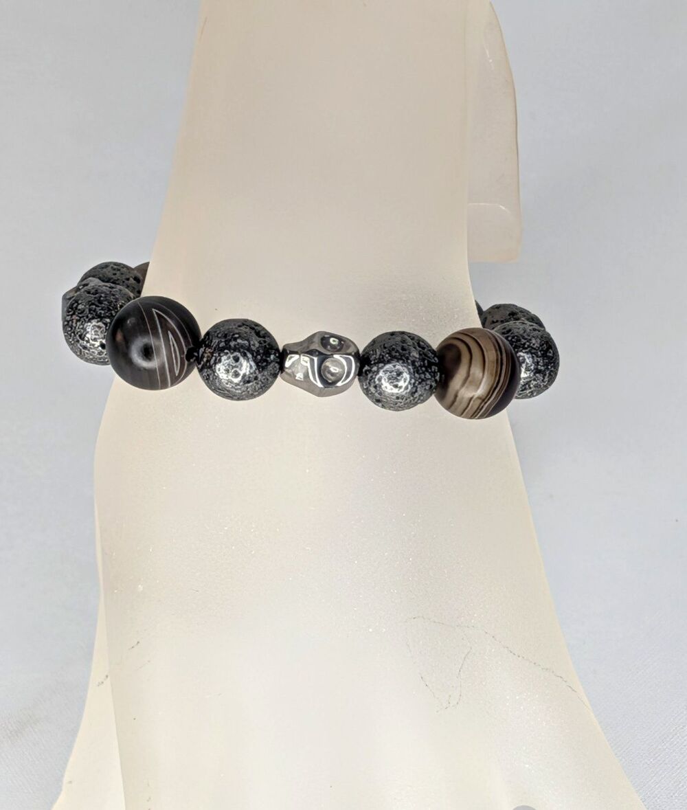 Hand-Crafted Genuine Lava & Brown Stone Bracelet with Skull - Unisex NEW